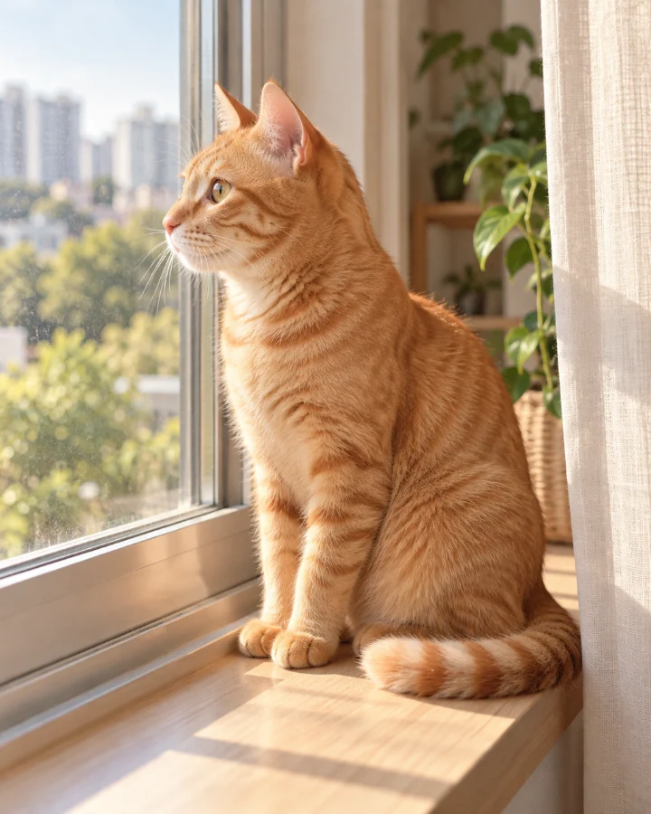 창가 턱에 앉아 바깥을 보는 치즈 태비 고양이