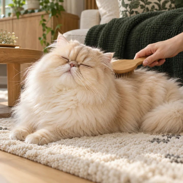 빗질을 받으며 눈을 감은 크림색 페르시안 고양이